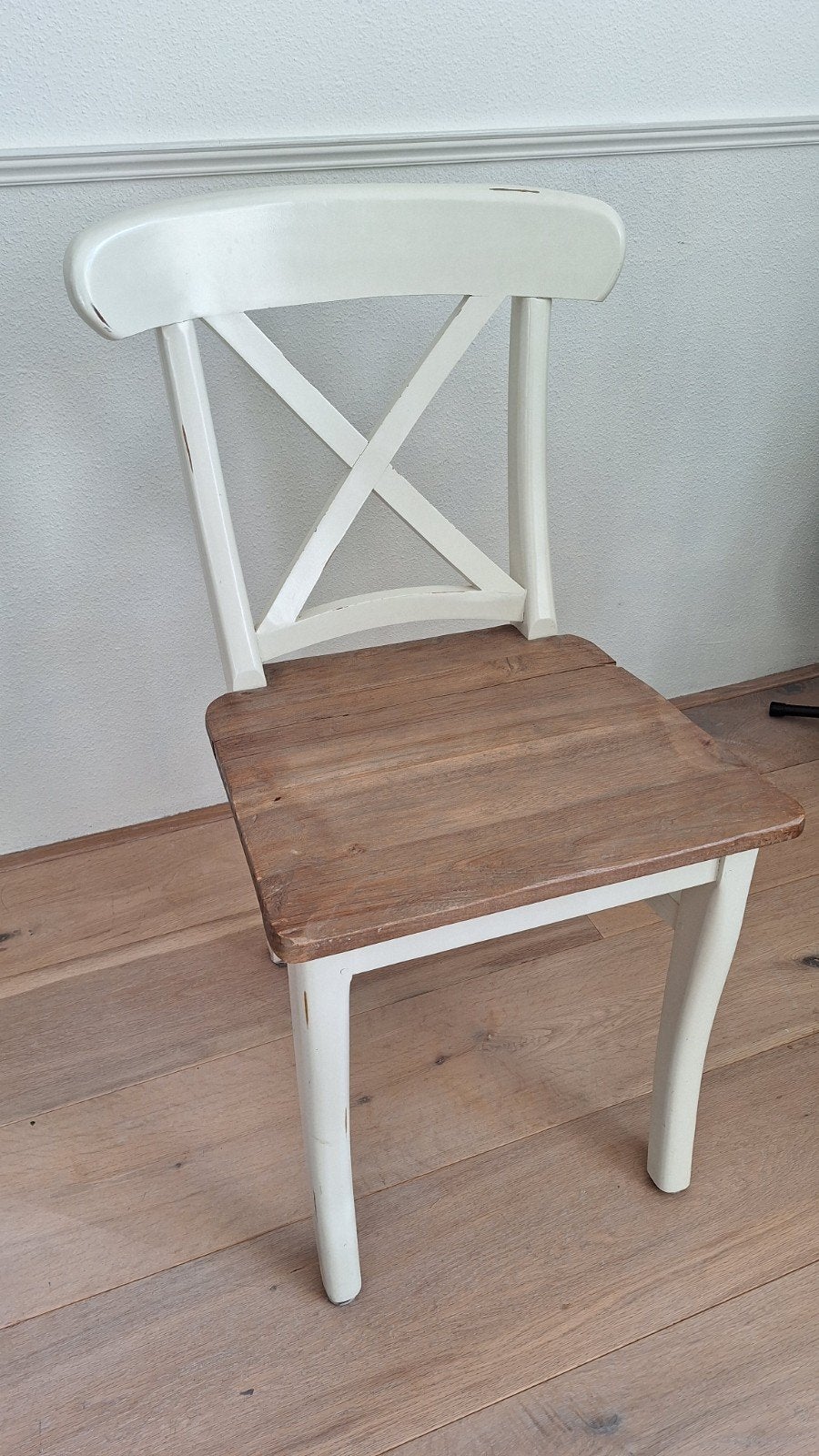 Set van 6 landelijke eetkamerstoelen wit met houten zitting, Ophalen, Gebruikt, Wit, Landelijke stijl
