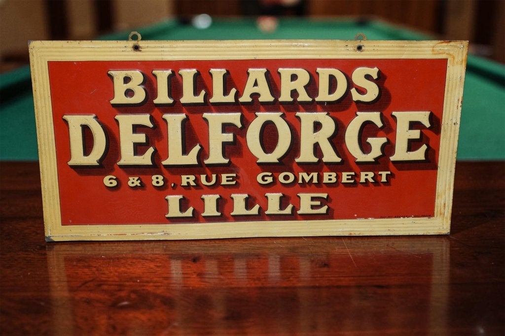 Zeldzaam reclamebord billards Delforge 1910 1920, Verzamelen, Merken en Reclamevoorwerpen, Ophalen of Verzenden, Gebruikt, Reclamebord