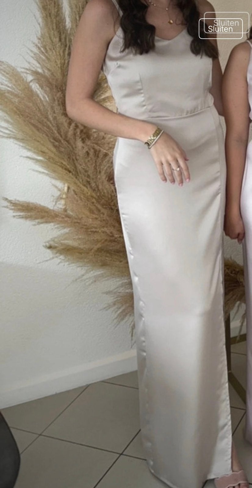 Prachtige beigeroze / champagne maxi-jurk met split - Wal G, Ophalen of Verzenden, Gedragen, Beige, Trouwjurk
