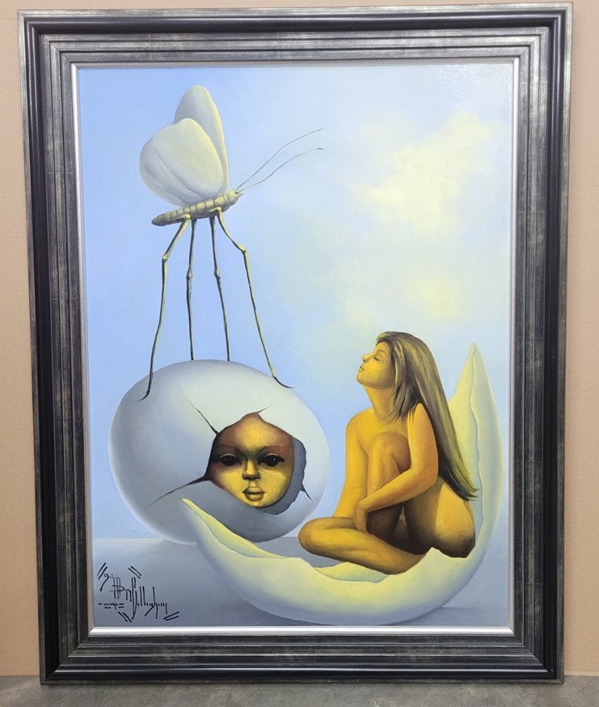 Johan VAN BELLEGHEM, mijmerend, Paneel, Surrealisme, Ophalen of Verzenden, Olieverf