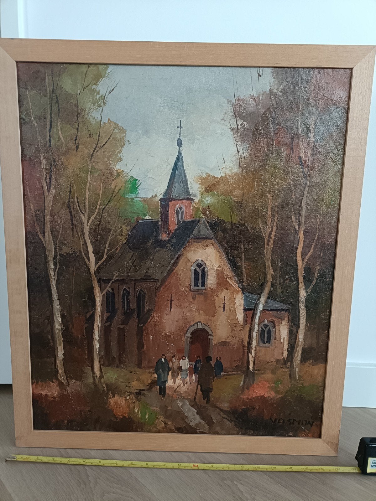 Olieverfschilderij van kerkje in bos, gesigneerd Vosman, Ophalen