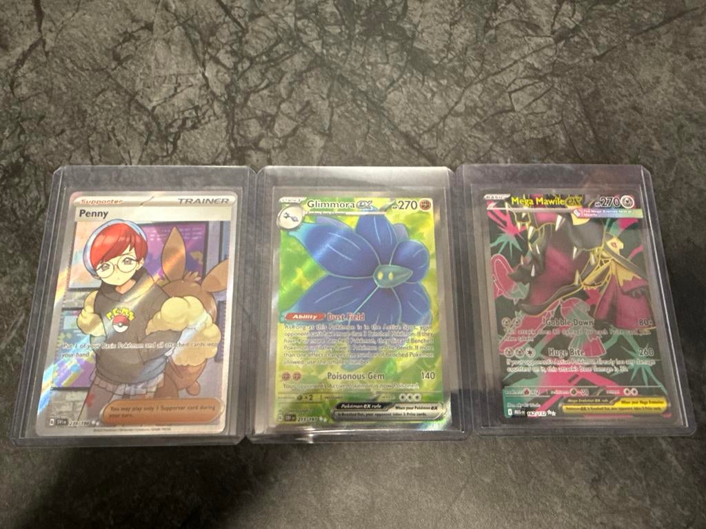 Pokémon kaarten: Penny, Glimmora ex, Mega Mawile ex, Verzenden, Zo goed als nieuw, Meerdere kaarten, Foil