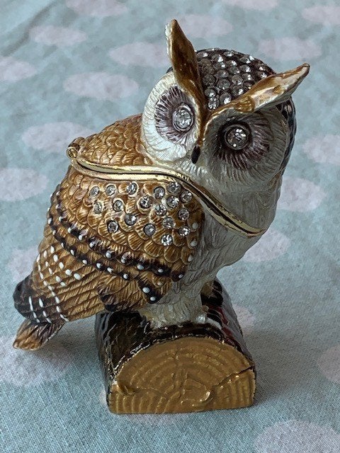 Handgemaakt emaille metalen juwelendoosje Uil met kristallen, Ophalen of Verzenden, Nieuw, Vogel, Overige typen