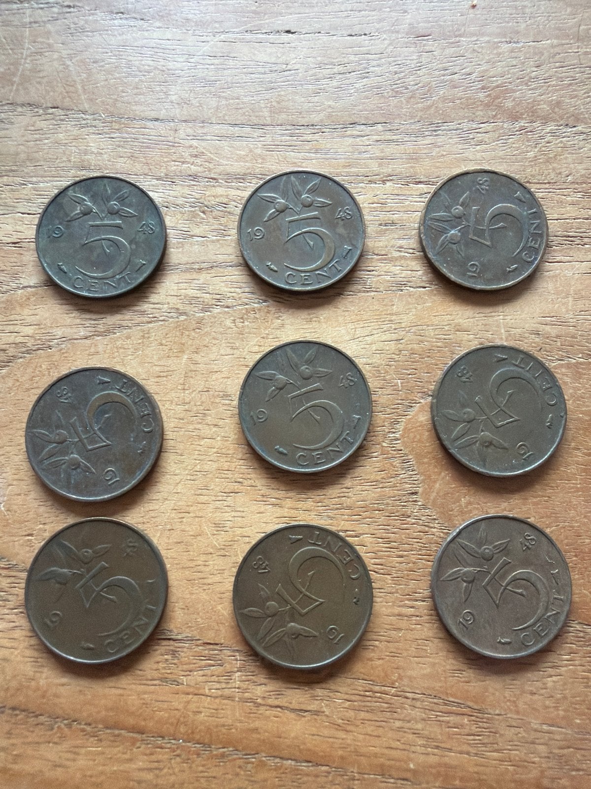 Negen Nederlandse 5 cent munten 1948 Koningin Wilhelmina, Ophalen of Verzenden, Koningin Wilhelmina, 5 cent, Losse munt