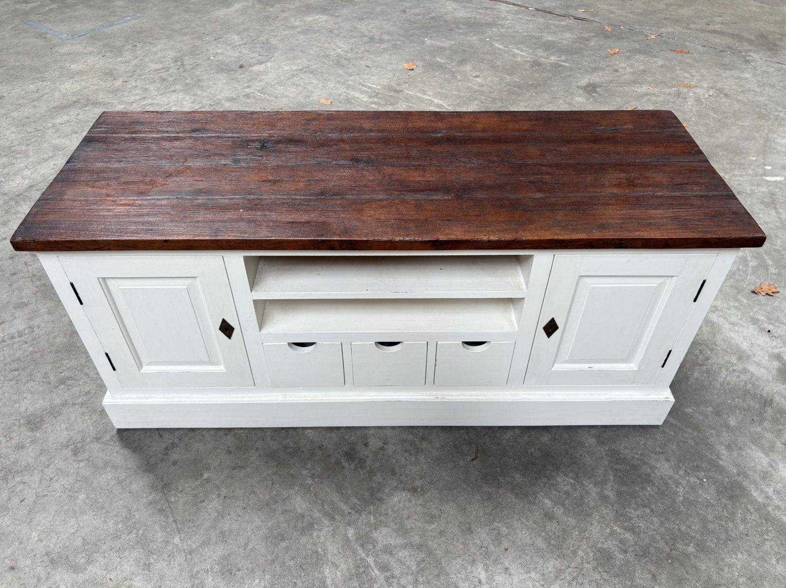 Tvmeubel teak hout 150x65x55 wit/hout, Ophalen, Gebruikt, 100 tot 150 cm, Teakhout