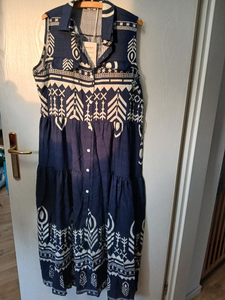 Linnen en katoenen Jurk, Blauw, Sweet Girl, Maat 46/48 (XL) of groter, Nieuw