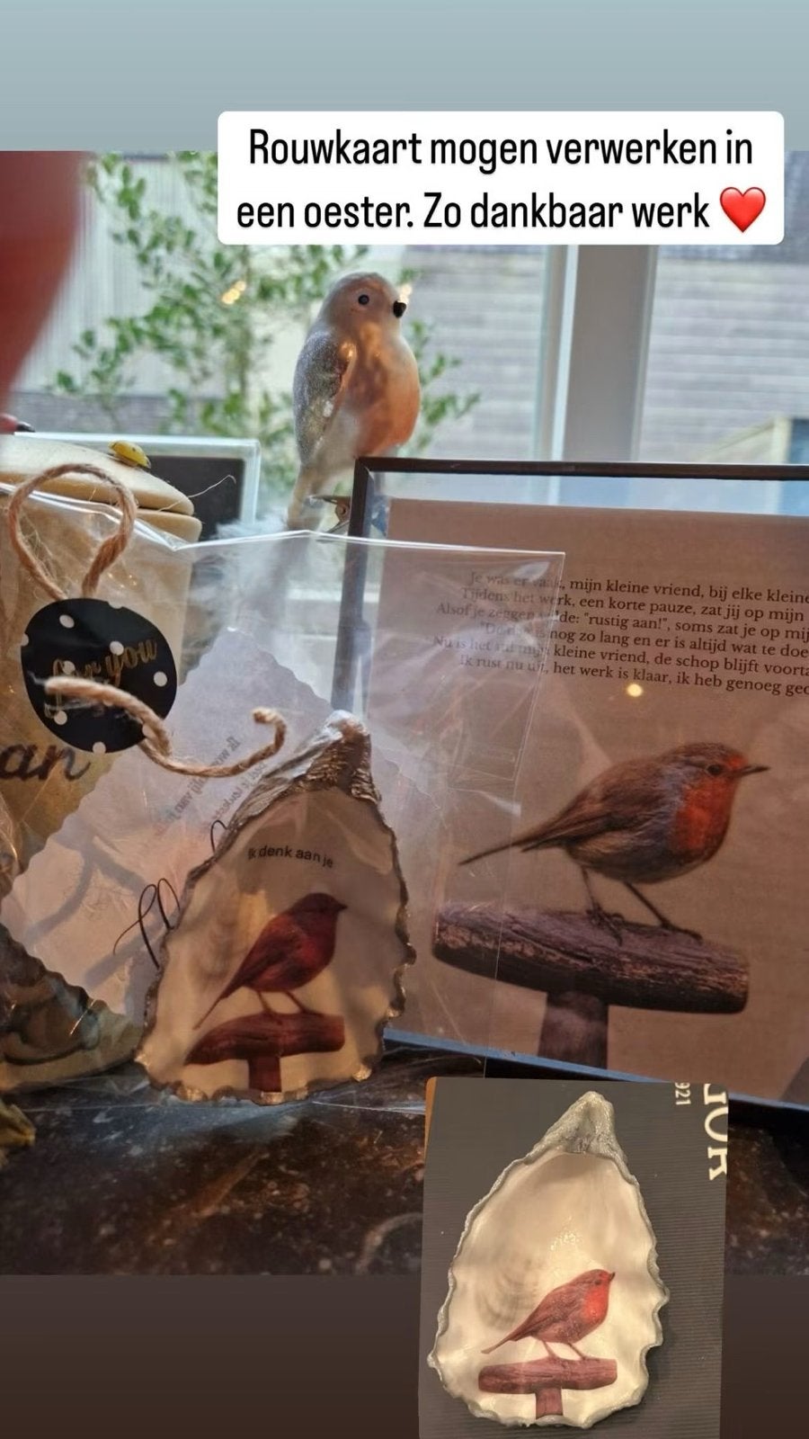 Rouwkaart verwerkt in een oester schelp uniek aandenken, Meerkleurig, Overige stijlen, Nieuw, Ophalen of Verzenden