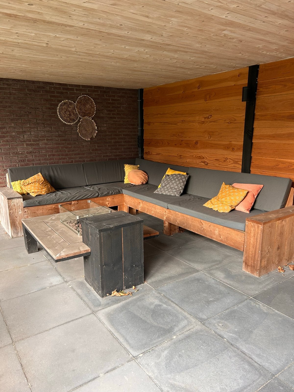 Steigerhouten loungebank met kussens en gashaard, Ophalen, Gebruikt, Meer dan 8 zitplaatsen, Steigerhout