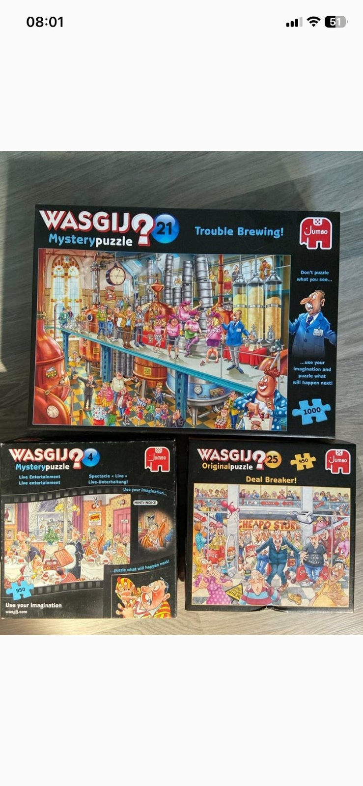 3 Wasgij puzzels, Ophalen, 500 t/m 1500 stukjes, Zo goed als nieuw