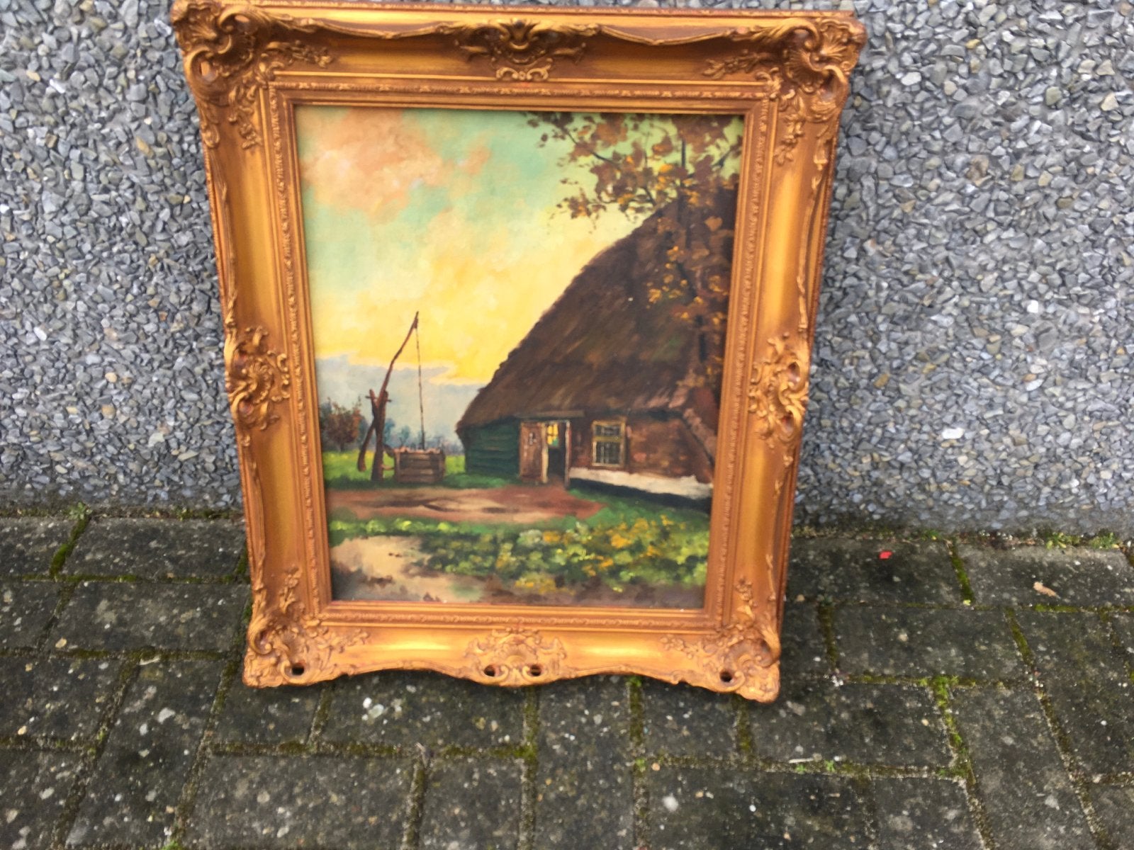 Antiek Schilderij: Landschap met Boerderij, 65x55 cm, Antiek en Kunst, Doek, Ophalen of Verzenden, Landschap, Olieverf