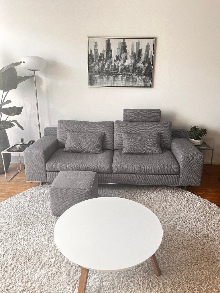 Complete set: Grijze 3-zits bank, poef & salontafel, Ophalen, Gebruikt, Driepersoons, 75 tot 100 cm