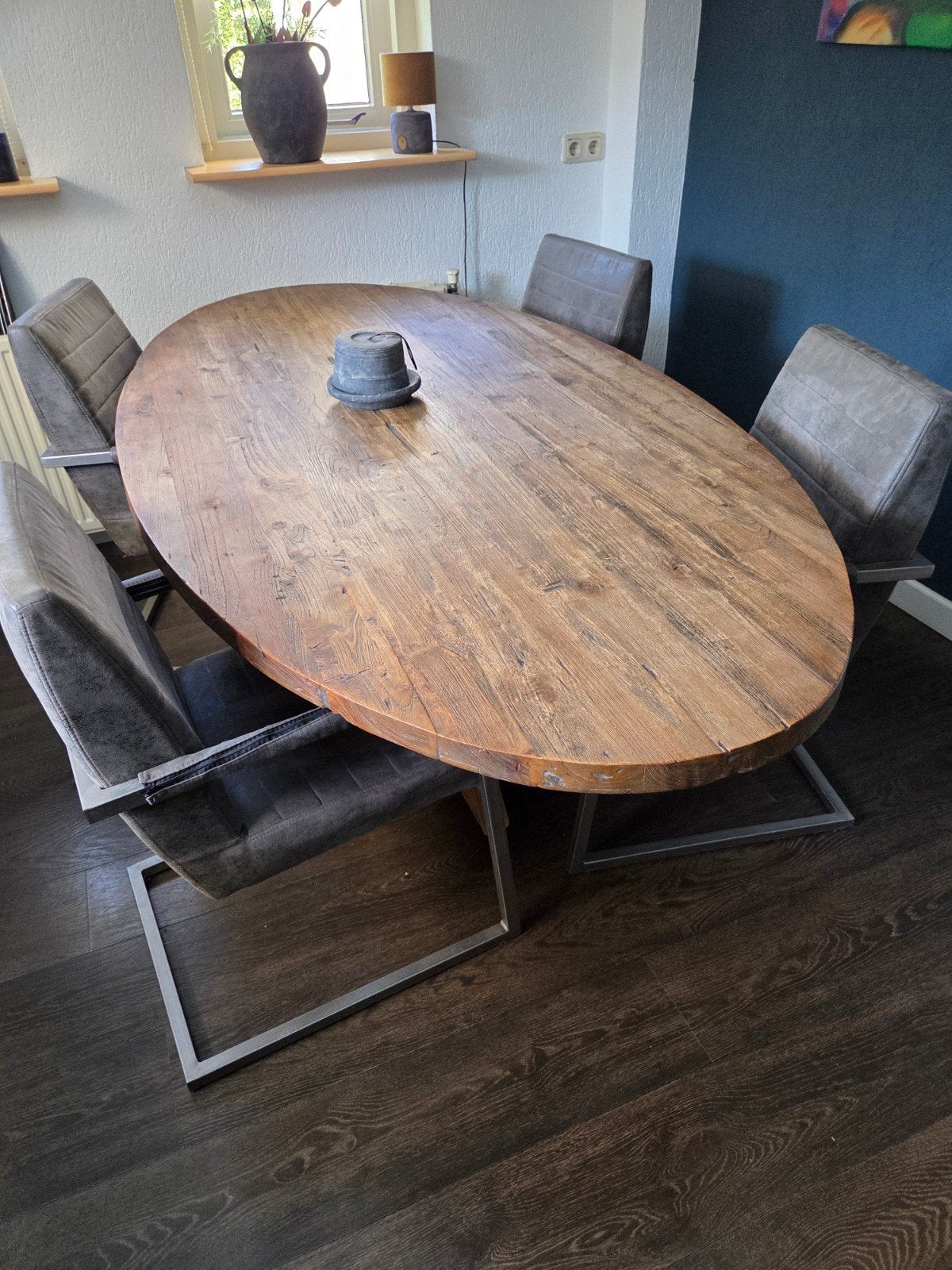 Ovale eiken eettafel 220x109 cm, zware kwaliteit, Huis en Inrichting, Tafels | Eettafels, Ophalen, Gebruikt, 100 tot 150 cm, Eikenhout