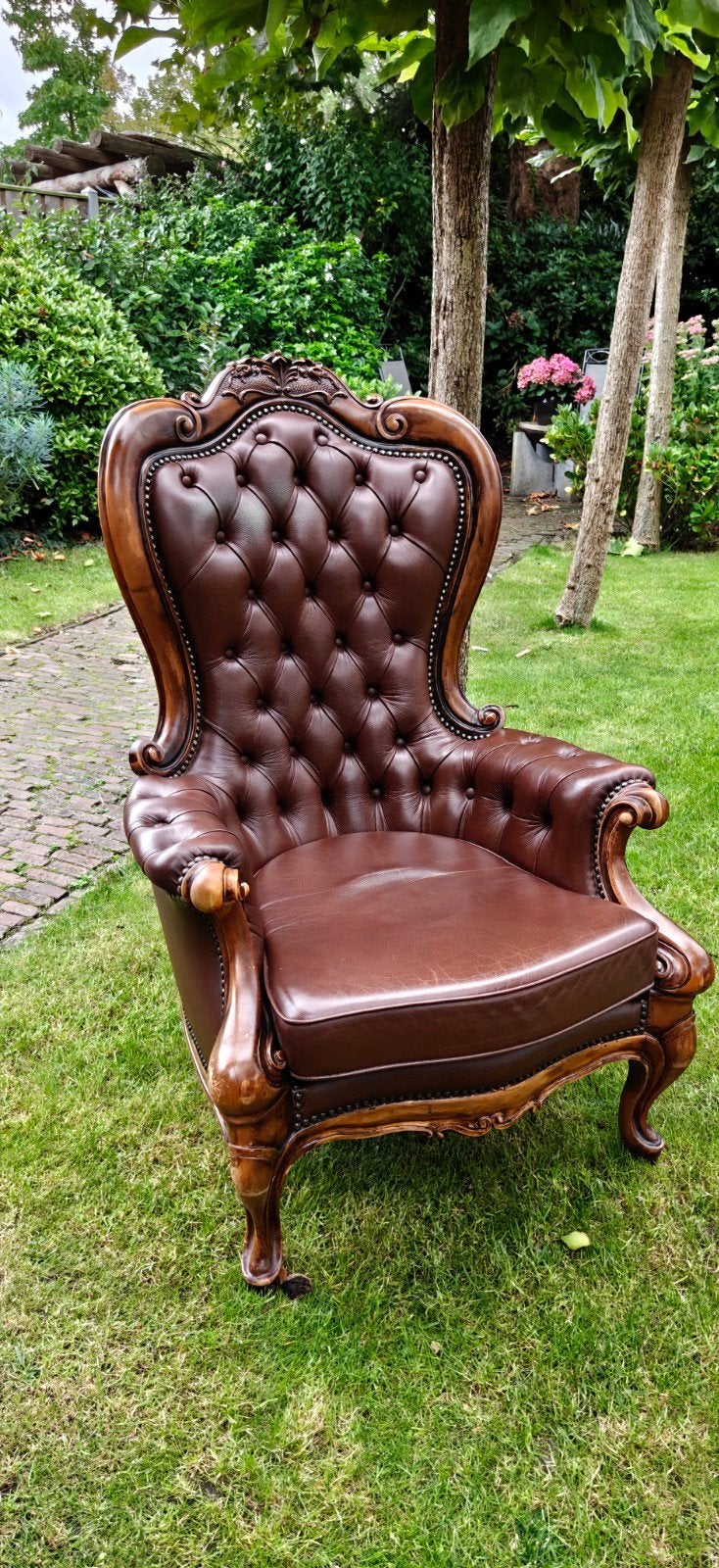 Chesterfield Fauteuil - Bruin Leer, Huis en Inrichting, Ophalen, Gebruikt, Bruin, Hout