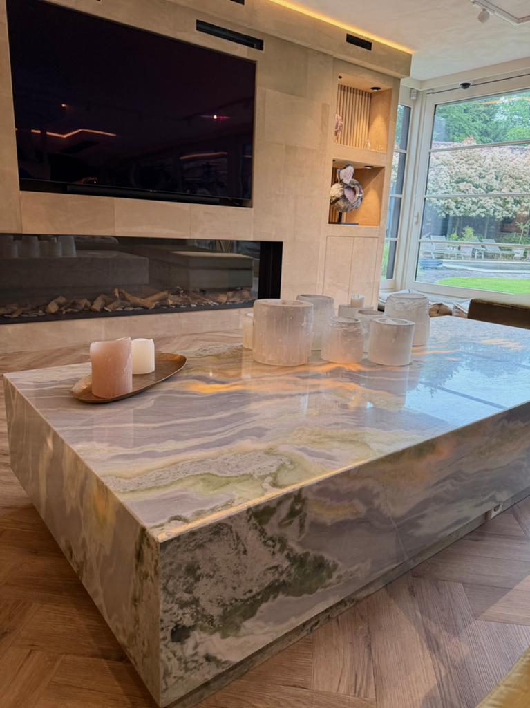 Luxe salontafel van groene jade onyx met LED-verlichting, Huis en Inrichting, Tafels | Salontafels, Ophalen, Nieuw, 50 tot 100 cm