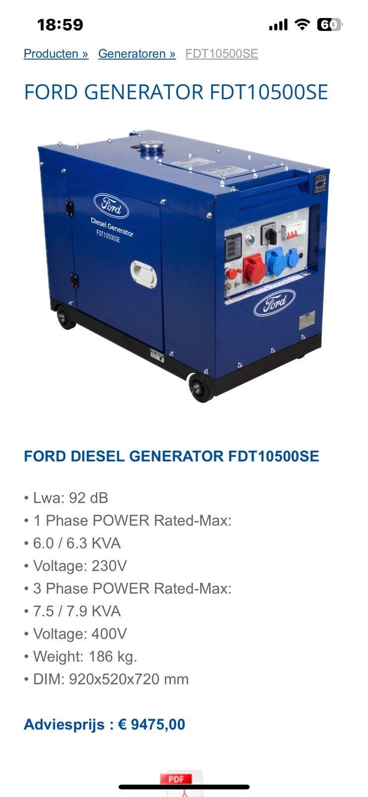 Te koop 1 Ford Generator FGT10500SE, Ophalen, Nieuw, 5 tot 10 kVA, Benzine