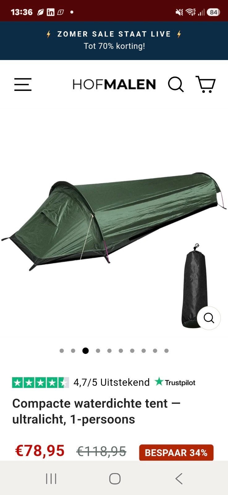 Compacte waterdichte 1-persoons tent - ultralicht, Caravans en Kamperen, Tenten, Ophalen of Verzenden, Tot en met 2