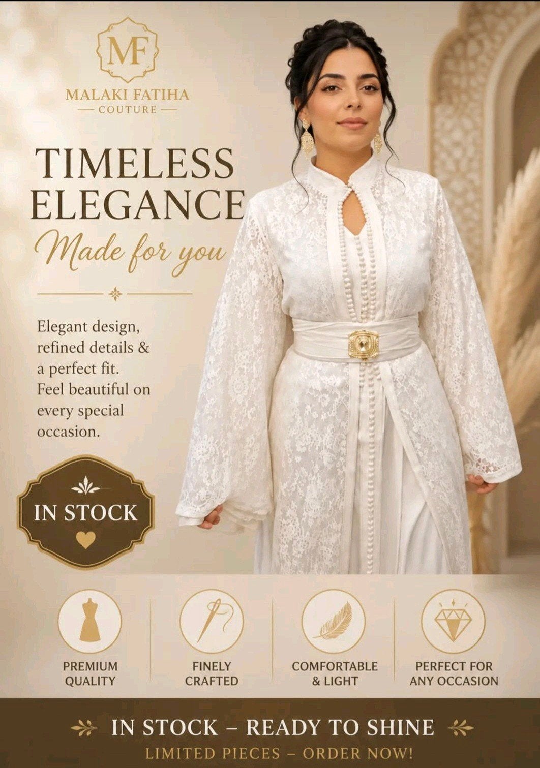 Elegante Takchita van kant in diverse kleuren, Ophalen of Verzenden, Nieuw, Beige, Trouwjurk