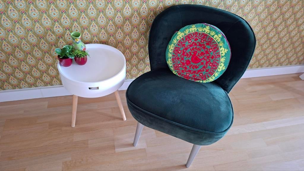 donkergroene fauteuil, merk: Woood, Huis en Inrichting, Fauteuils, Ophalen, 75 tot 100 cm, Zo goed als nieuw, Stof