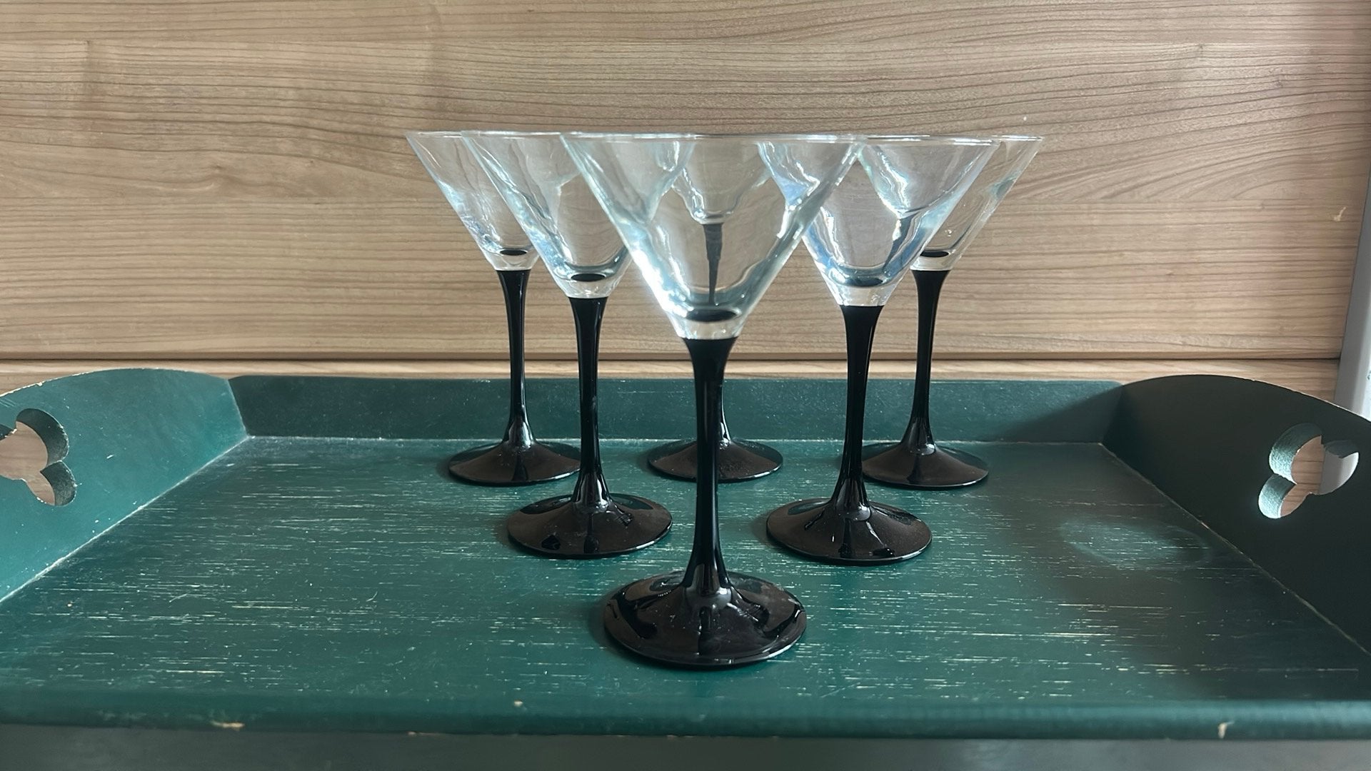 6 Luminarc France cocktail glazen, zwarte voet/steel p/6:, Verzamelen, Glas en Borrelglaasjes, Ophalen of Verzenden, Zo goed als nieuw