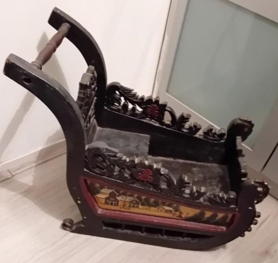 Antieke houten arrenslee / kerstslee met handgeschilderd, Ophalen
