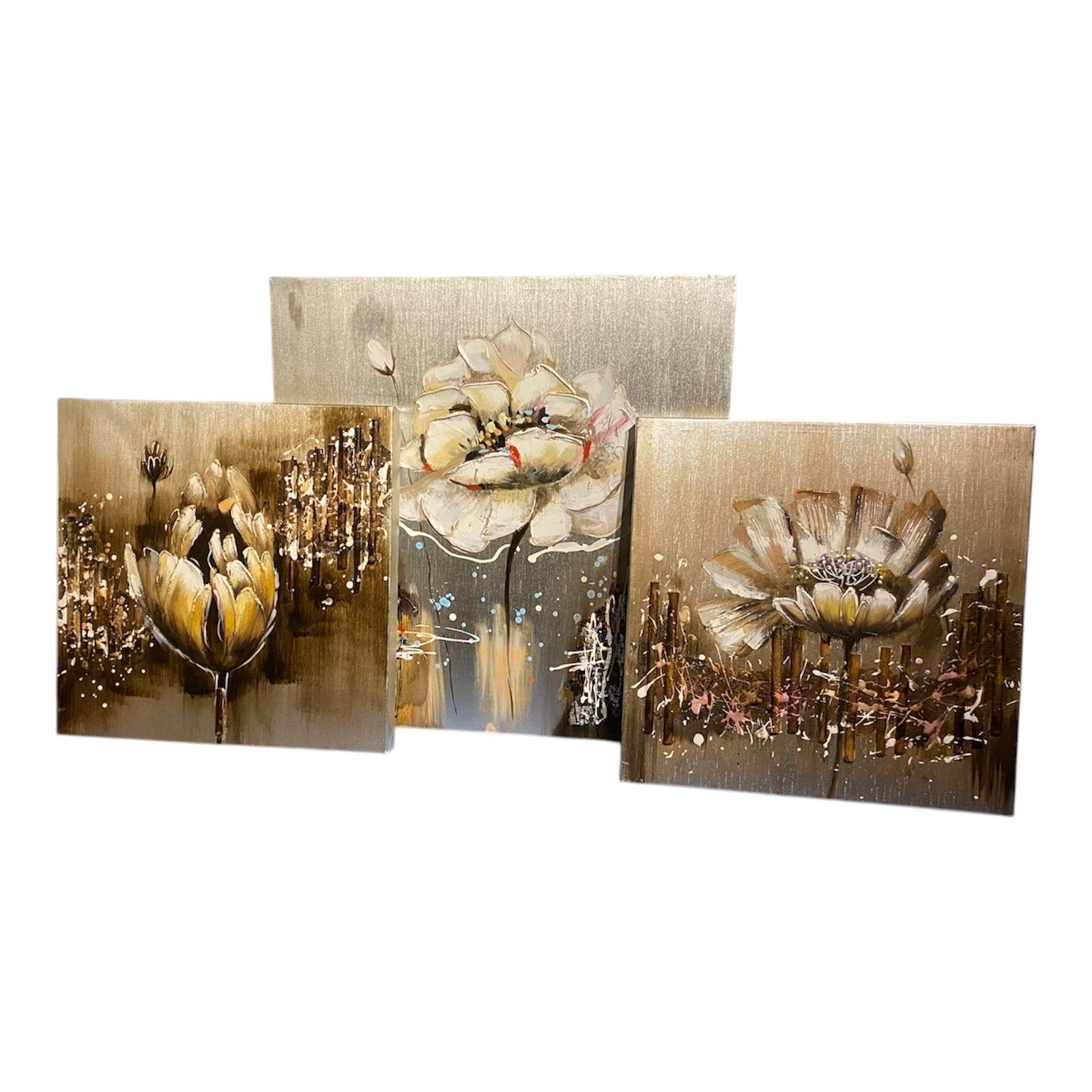 Set van 3 moderne bloemenschilderijen, Antiek en Kunst, Bloemen, Ophalen of Verzenden, Handgeschilderd, Olieverf