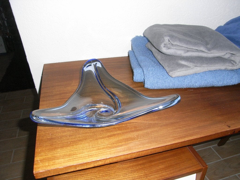 VAL ST. LAMBERT? sixties design glazen schaal kristal ,blauw, Schaal, Nieuw, Ophalen of Verzenden, Glas
