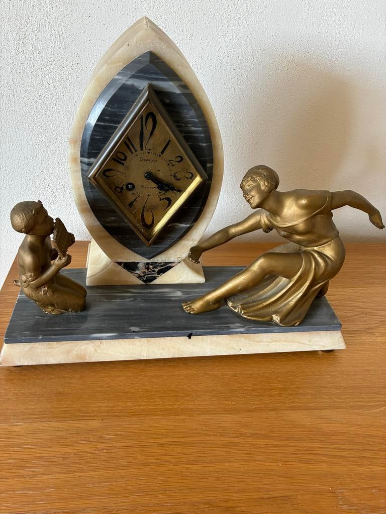 Art Deco Marmeren Klok met Bronzen Beelden, Ophalen