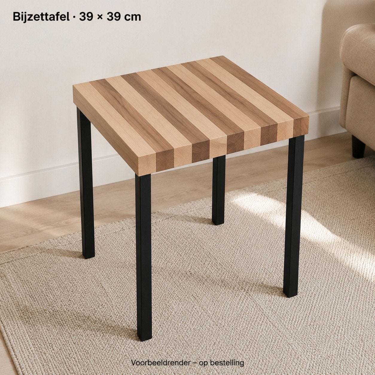 Massief Ahorn & Walnoot Bijzettafel - 39x39 cm, Huis en Inrichting, Minder dan 45 cm, Minder dan 55 cm, Modern, Scandinavisch