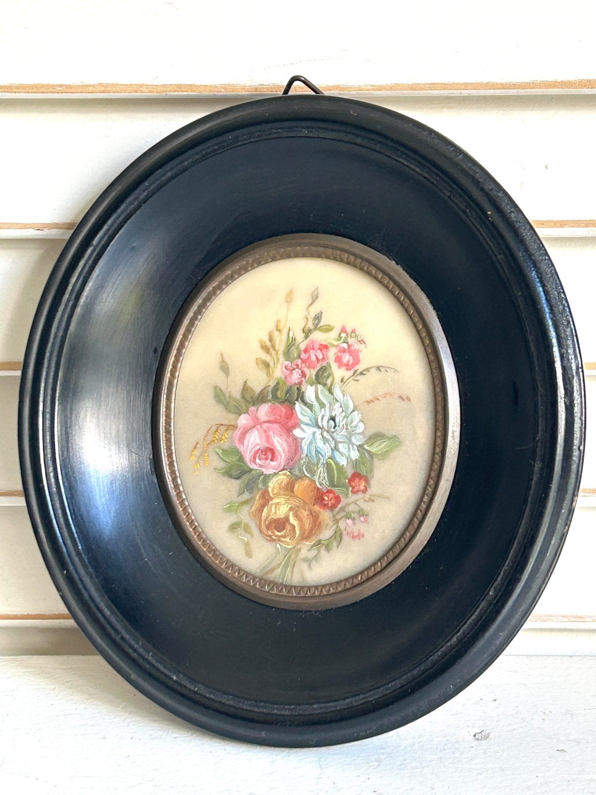 Vintage handgeschilderd miniatuur schilderijtje met bloemen, Ophalen