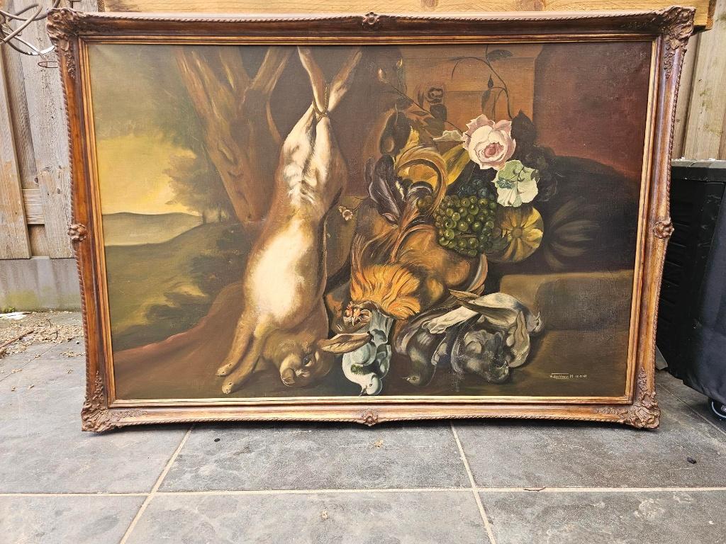 Groot Jachtstilleven Olieverf 120x80 cm – Gesigneerd 1968, Antiek en Kunst, Kunst | Schilderijen | Klassiek, Ophalen