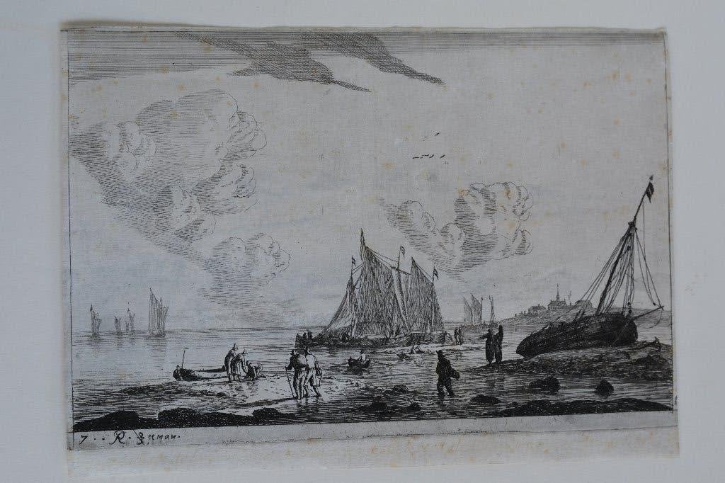 REINIER NOOMS ZEEMAN ETS STRAND VISSERSBOTEN + Tekening K23A, Ets, 19 cm, 12 cm, Landschap