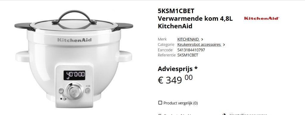 KitchenAid verwarmende kom 5KSM1CBET, Witgoed en Apparatuur, Keukenmixers, 4 liter of meer, Ophalen, Zo goed als nieuw, 3 snelheden of meer