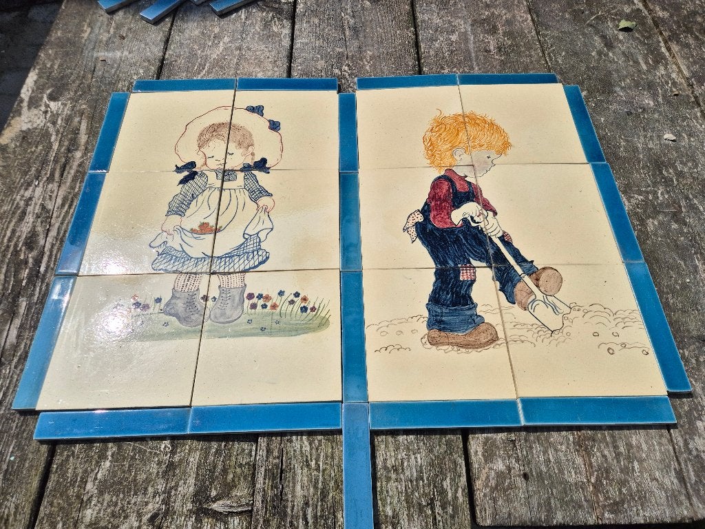 Tegelpaneel jongen en meisje 2x6 tegels +rand losse tegels, Ophalen