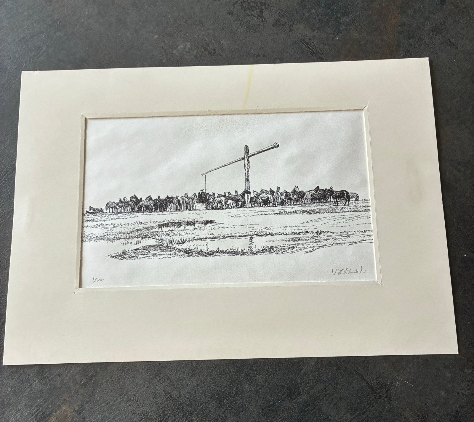 Paarden bij de waterput - Originele ets van V.Zsolt, Antiek en Kunst, Kunst | Etsen en Gravures, Ophalen, 1950 - 1999, Ets, Flora en Fauna