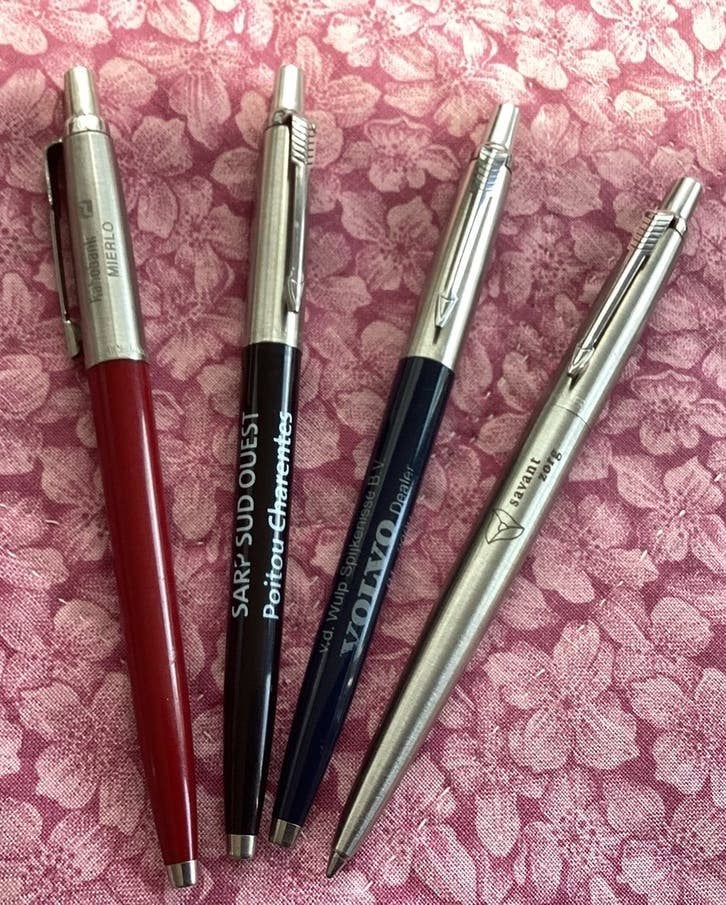 4 Vintage Parker pennen,met reclametext,, Verzamelen, Pennenverzamelingen, Ophalen, Gebruikt, Met reclame, Parker