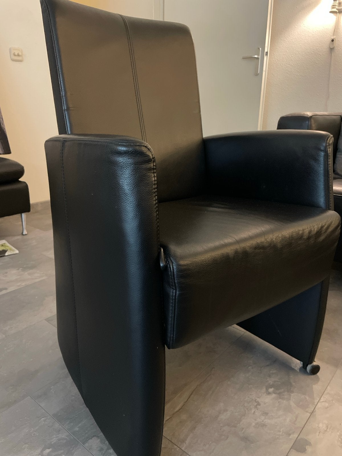 Gratis 6 Zwarte leren eetkamerstoelen verstelbare rugleuning, Ophalen, Gebruikt, Zwart, Leer