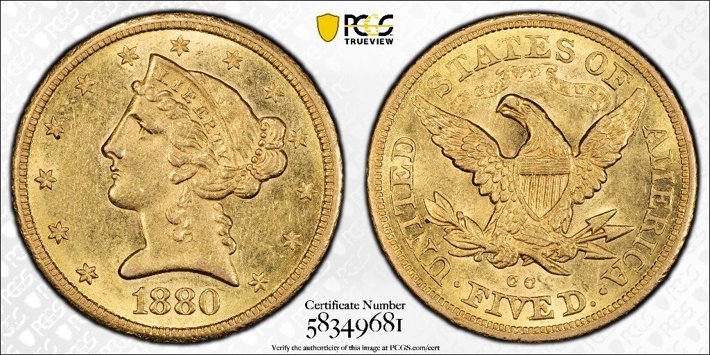 Gouden munt $5 half eagle 1880-CC Carson City PCGS MS61, Postzegels en Munten, Ophalen, Noord-Amerika, Losse munt, Goud