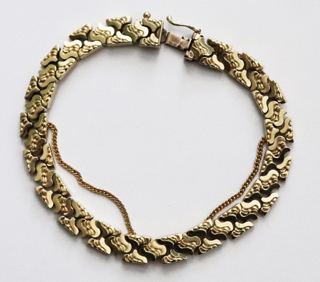 Antieke gouden schakel armband met veiligheids ketting, Verzenden, Goud, Armband
