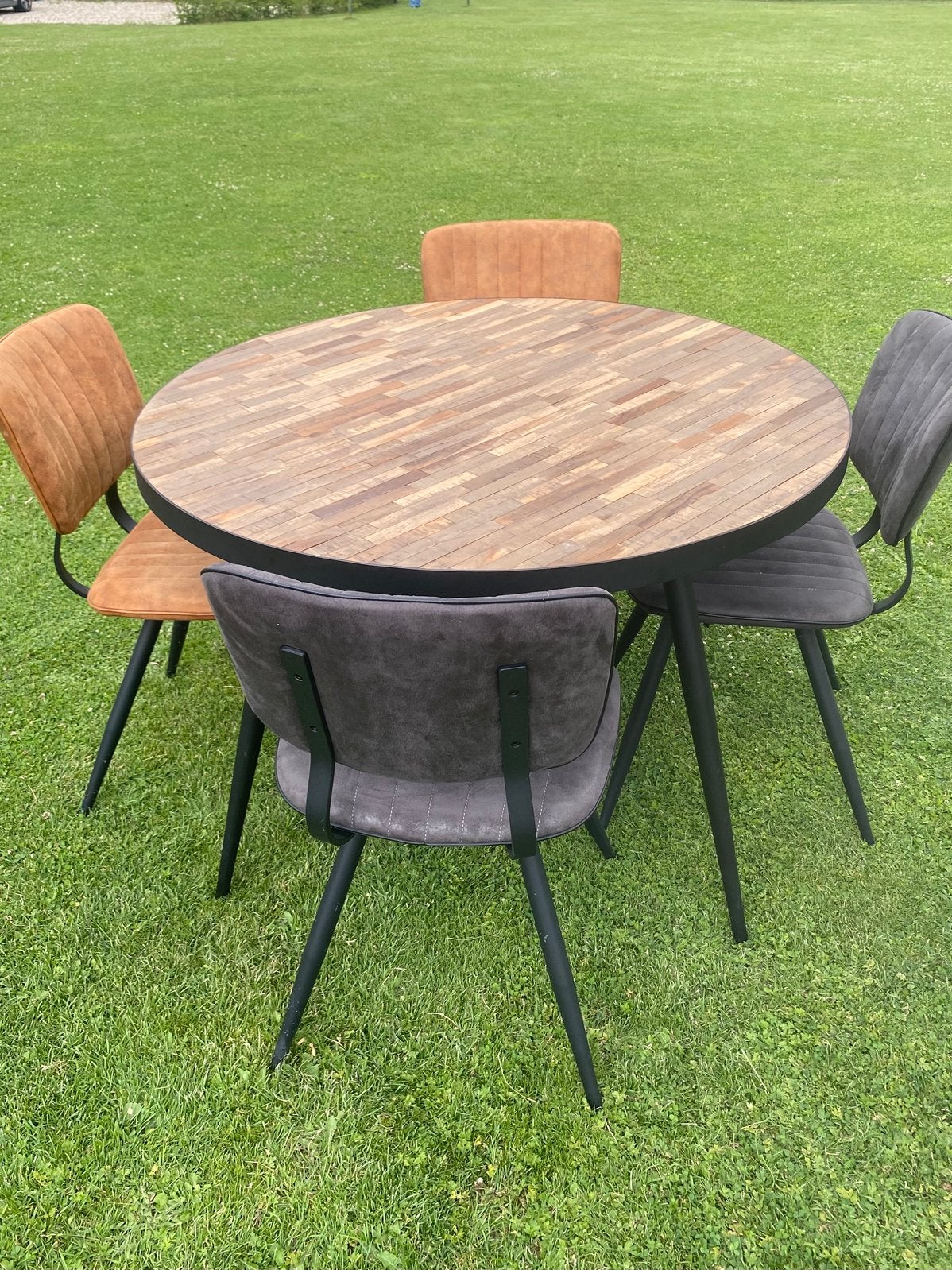 Industriële ronde eettafel Ø120 + 4 stoelen, Ophalen, Gebruikt, Rond, Industrieel