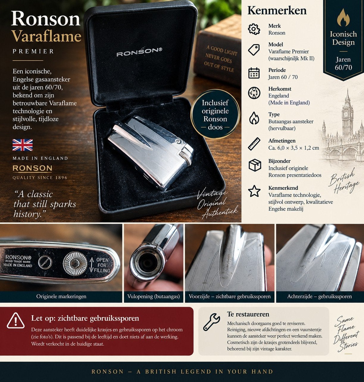 Ronson Varaflame Premier aansteker jaren '60/'70 met doos, Ophalen of Verzenden, Gebruikt, Aansteker