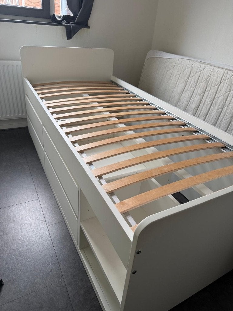 SLÄKT Bedframe met opberger+lattenbodem, wit, 90x200 cm, Ophalen, 90 cm, Eenpersoons, Wit