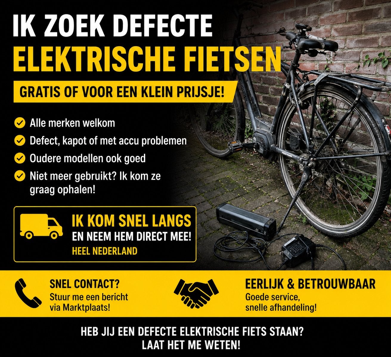 Gezocht: Defecte Elektrische Fietsen – Gratis of Goedkoop, Fietsen en Brommers, Elektrische fietsen, Ophalen, Gebruikt, Overige merken