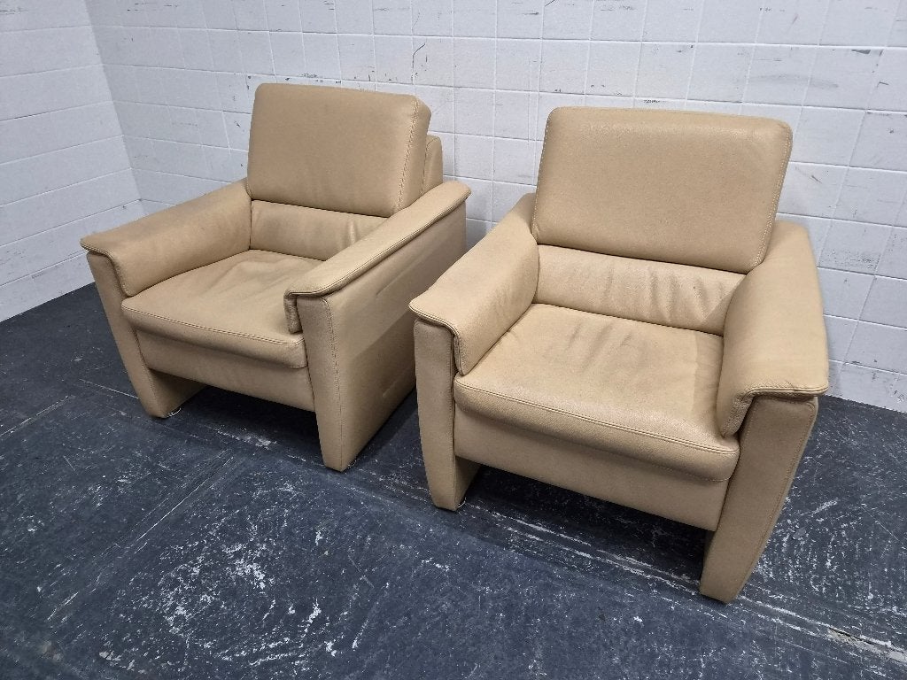 2 fauteuils in beige leer, Huis en Inrichting, Fauteuils, Ophalen, Gebruikt, Onbekend, Onbekend