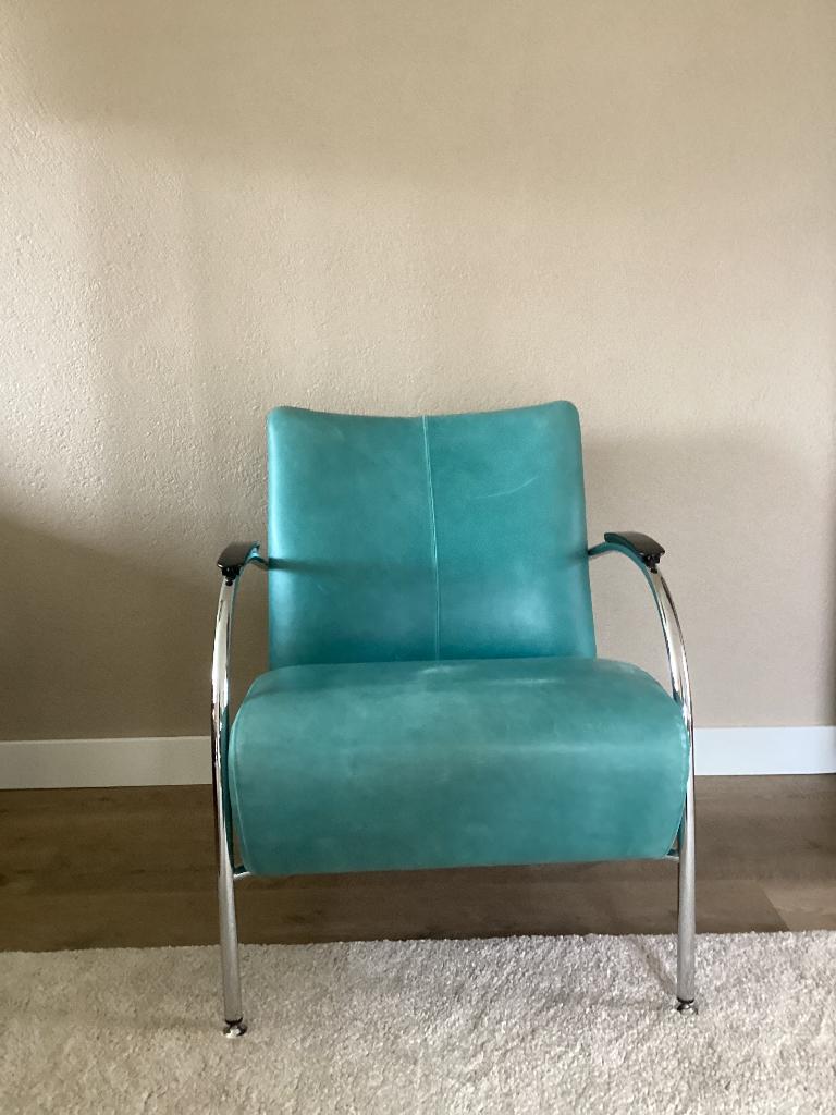 Leren blauwe stoel, Huis en Inrichting, Fauteuils, Ophalen, Gebruikt, Minder dan 75 cm, Modern