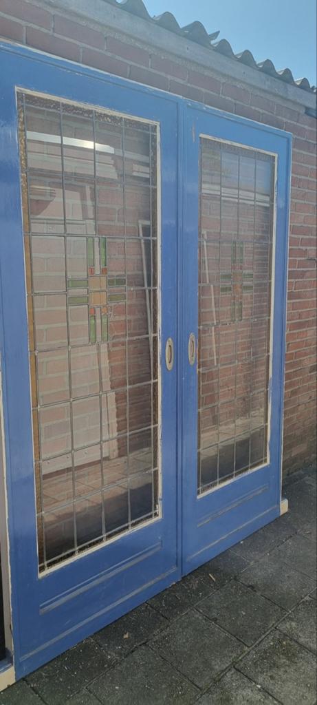 Oude set ensuite schuifdeuren met glas in lood uit 1937, Gebruikt, Deurkozijn, Hout, Ophalen