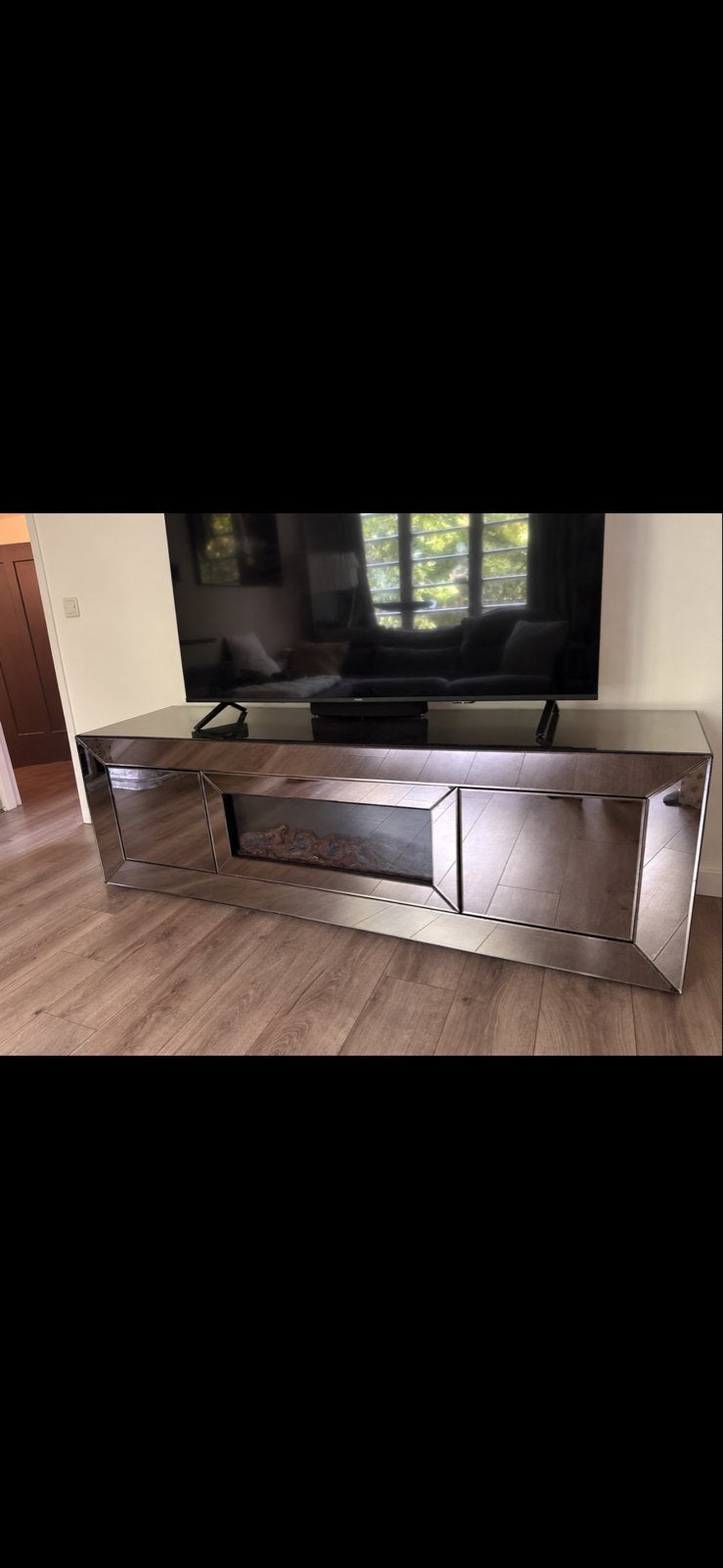 Spiegel tv-meubel met sfeerhaard – 180 cm, Ophalen, Gebruikt, 150 tot 200 cm, Glas