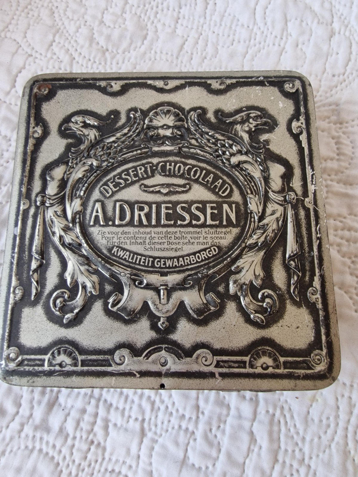 Antieke A. Driessen Dessert Chocolade Blikken Trommel, Ophalen of Verzenden, Gebruikt, Overige, Overige merken