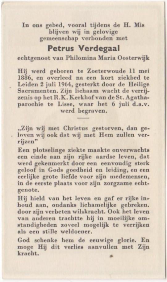 Petrus Verdegaal 1886 Zoeterwoude + 1964 Leiden, 78 jaar, Verzenden