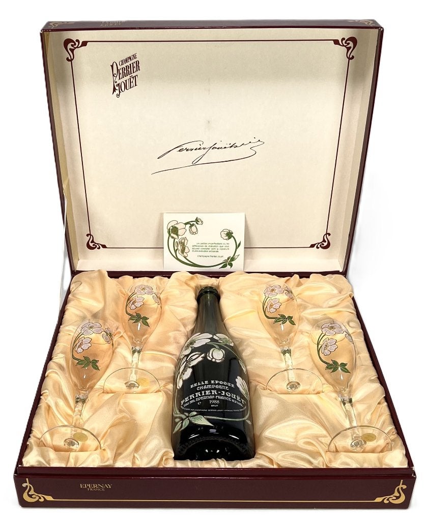 Champagne flûtes Perrier-Jouët geschenkverpakking 4 glazen, Frankrijk, Ophalen of Verzenden, Champagne, Zo goed als nieuw