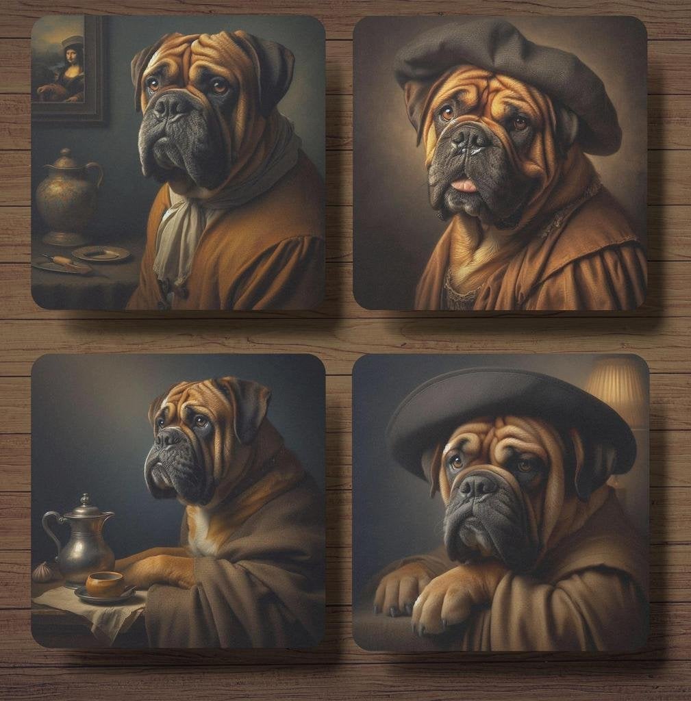 Bullmastiff Rembrandt stijl onderzetters met houder, Ophalen of Verzenden, Nieuw